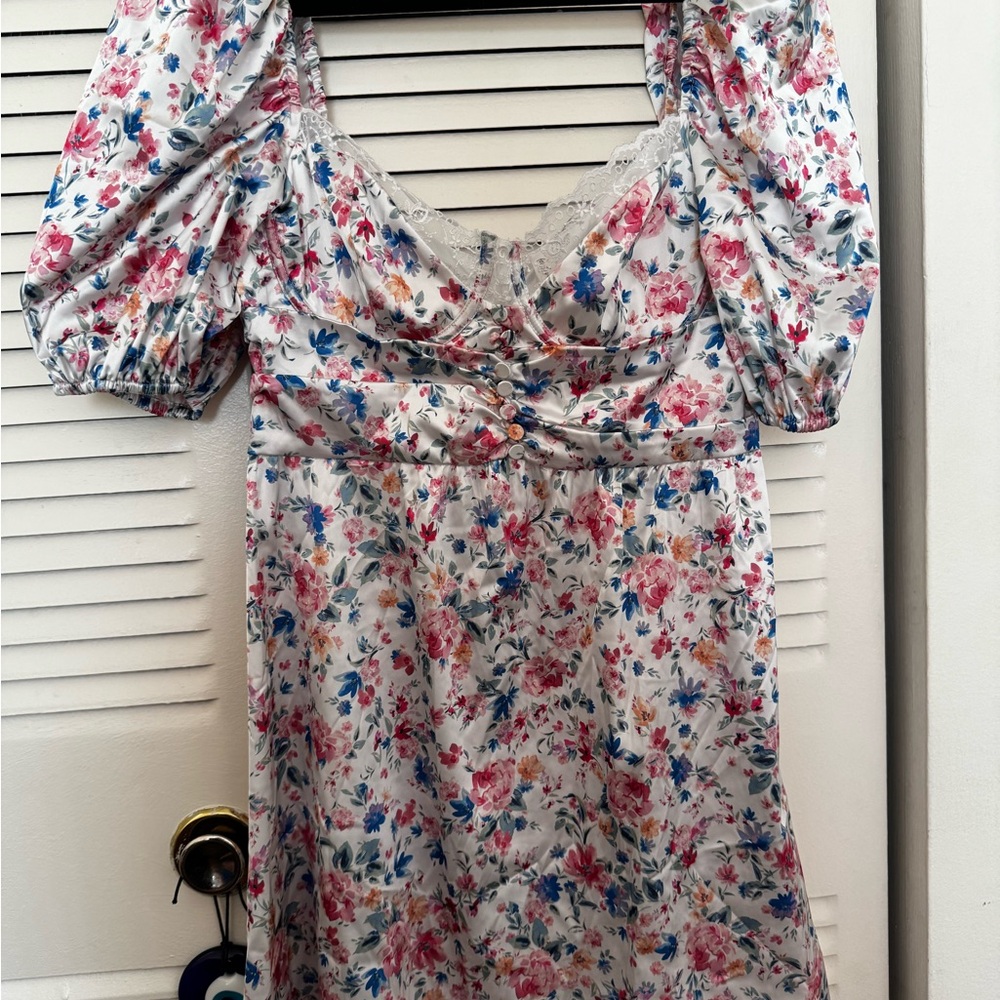 For Love and Lemons Floral Puff Sleeve Midi Dress - Pink & Blue Flowers